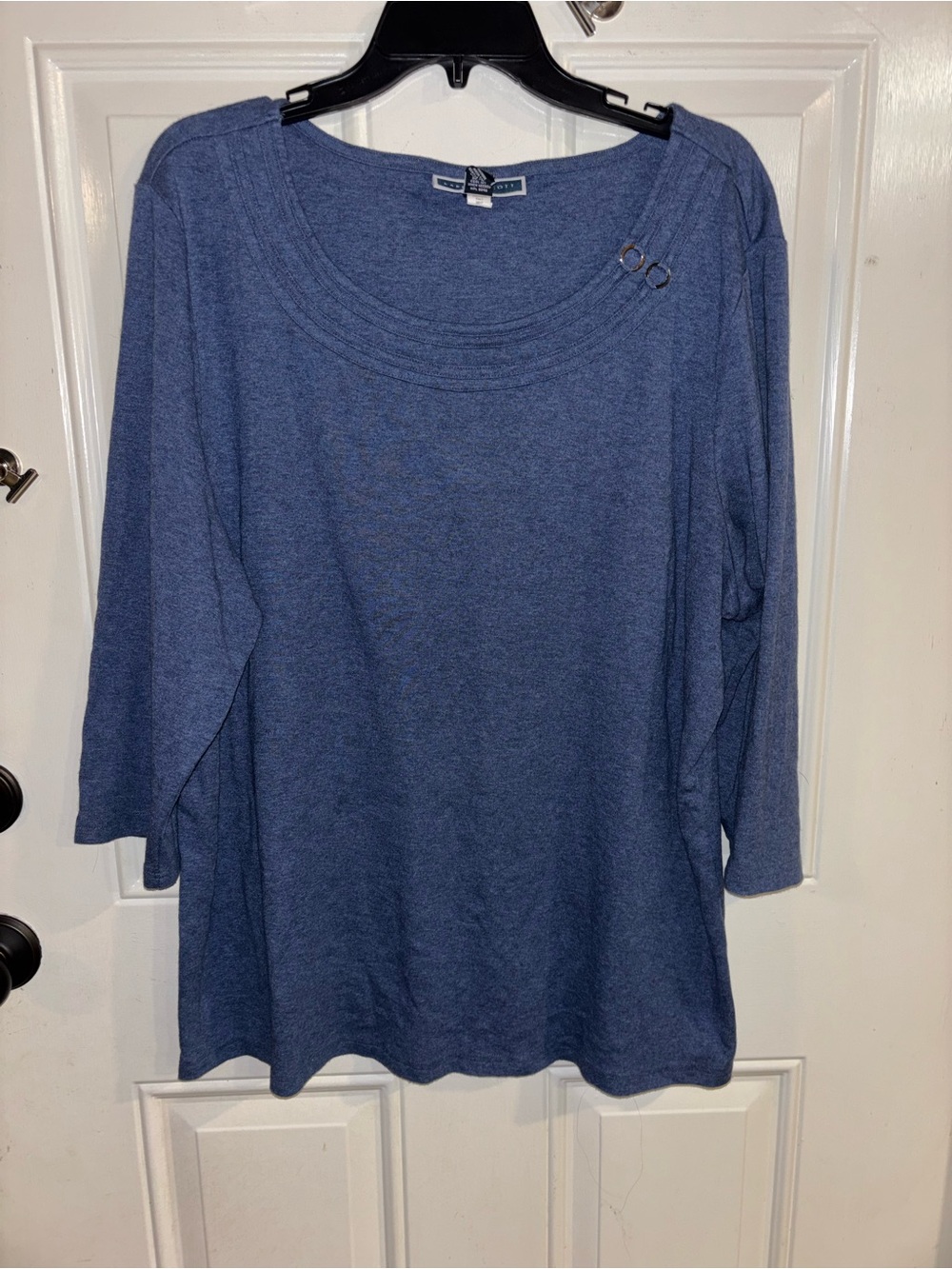Karen Scott Heathered Blue Long Sleeve Boatneck Top with Ring Detail